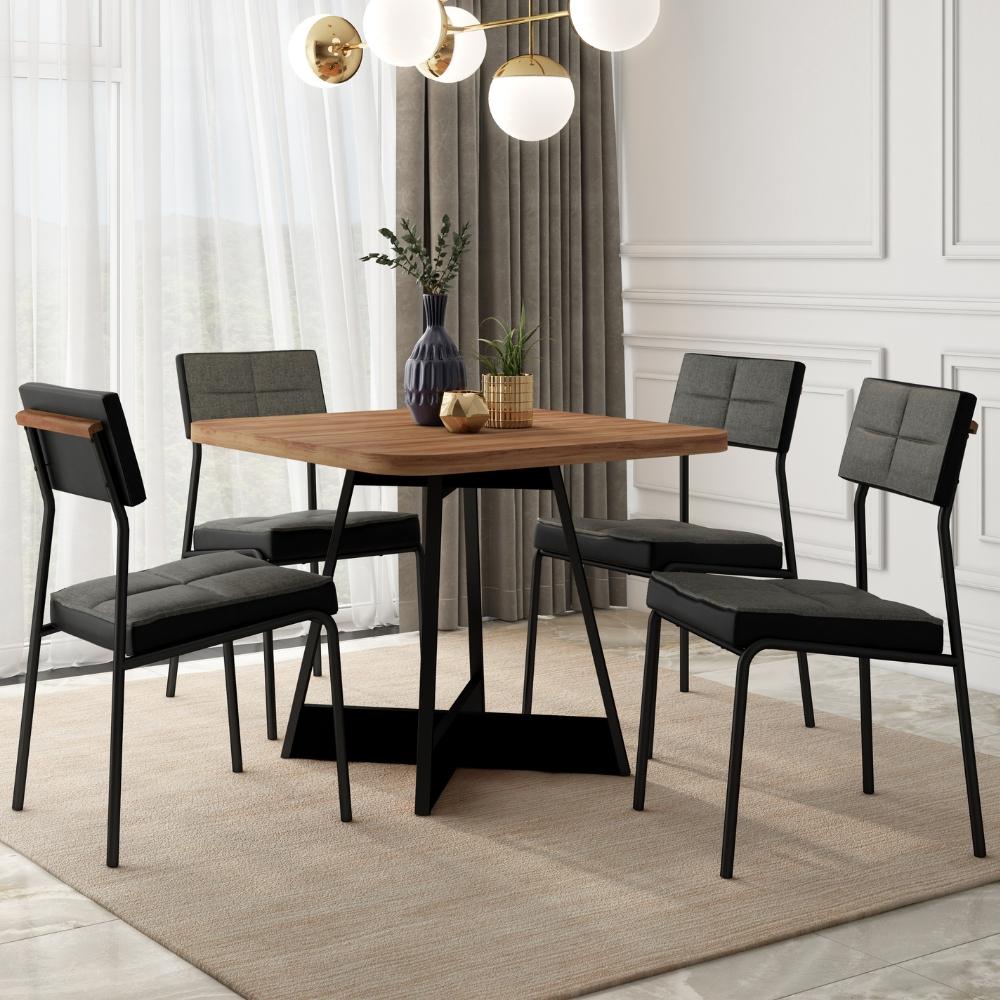 Conjunto Sala de Jantar Sydney 4 Cadeiras Carraro Grafite/Preto/Nogal