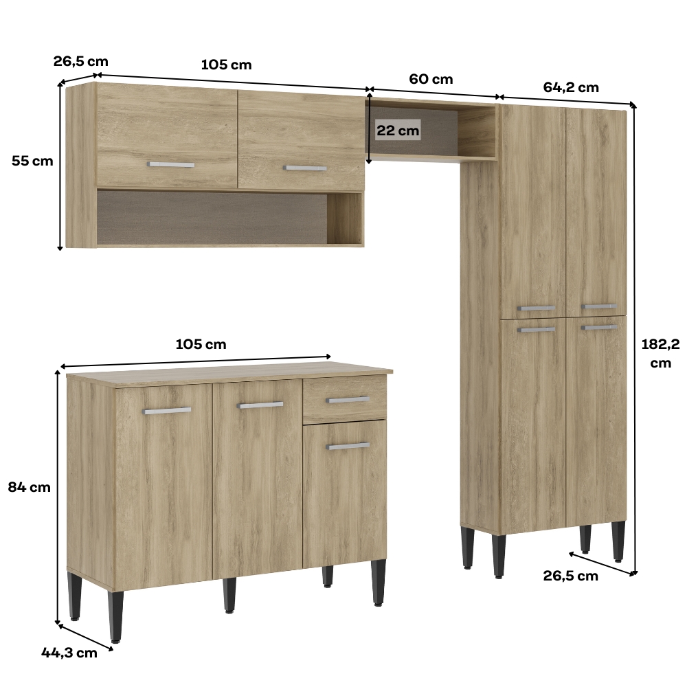 Cozinha Compacta Arizona Classic Com Armário E Balcão Carraro - Carvalho