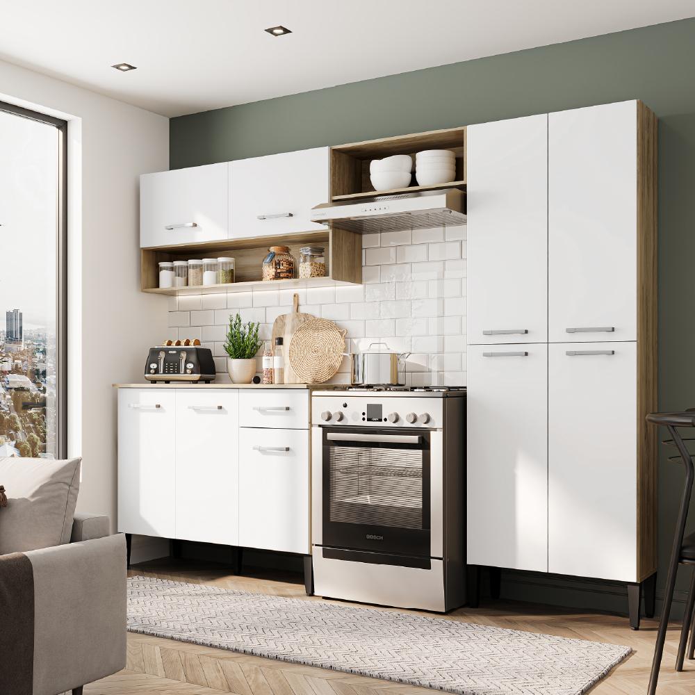 Cozinha Compacta Arizona Classic Com Armário E Balcão Carraro - Carvalho/Branco