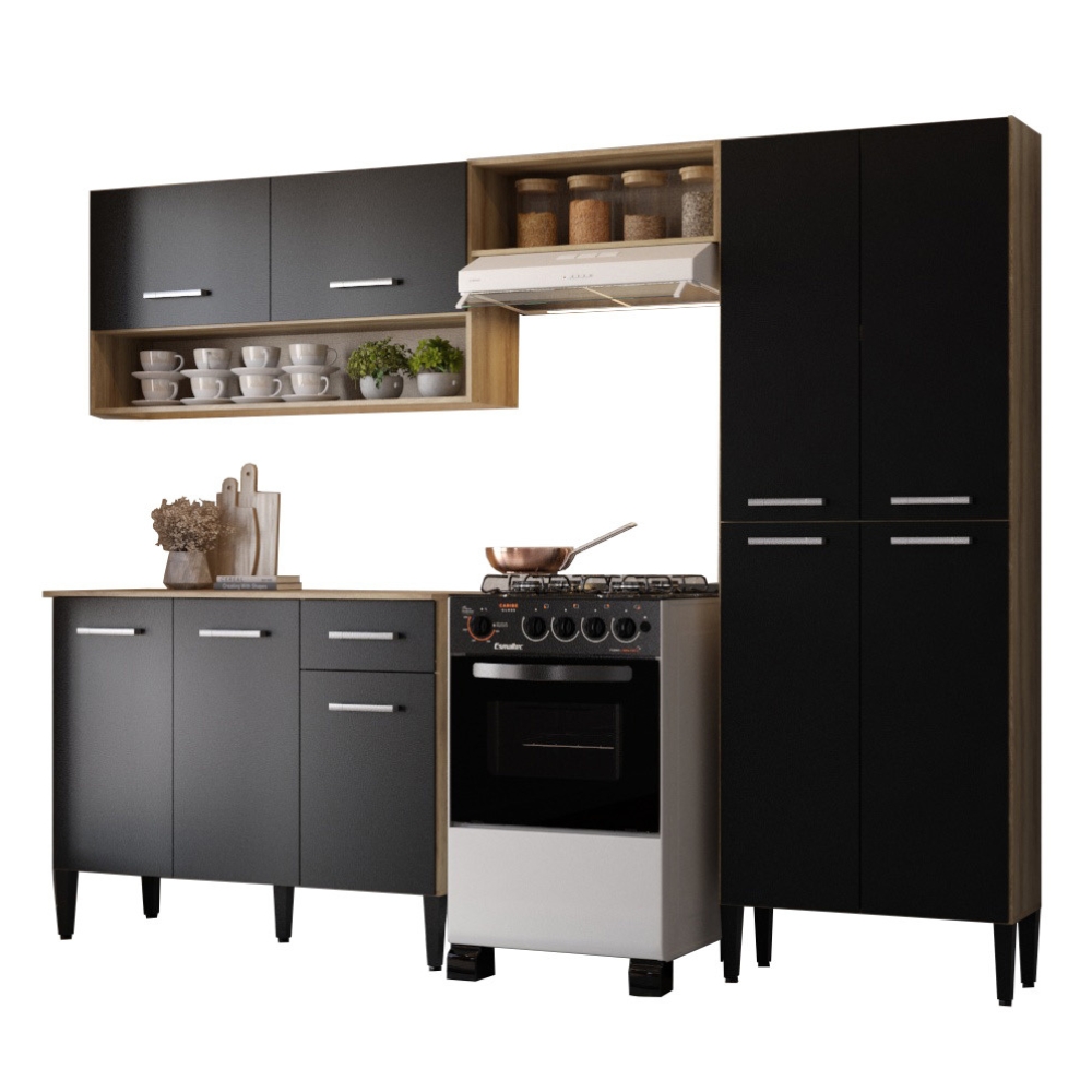Cozinha Compacta Arizona Classic Com Armário E Balcão Carraro - Carvalho/Preto