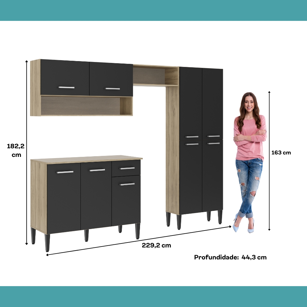 Cozinha Compacta Arizona Classic Com Armário E Balcão Carraro - Carvalho/Preto