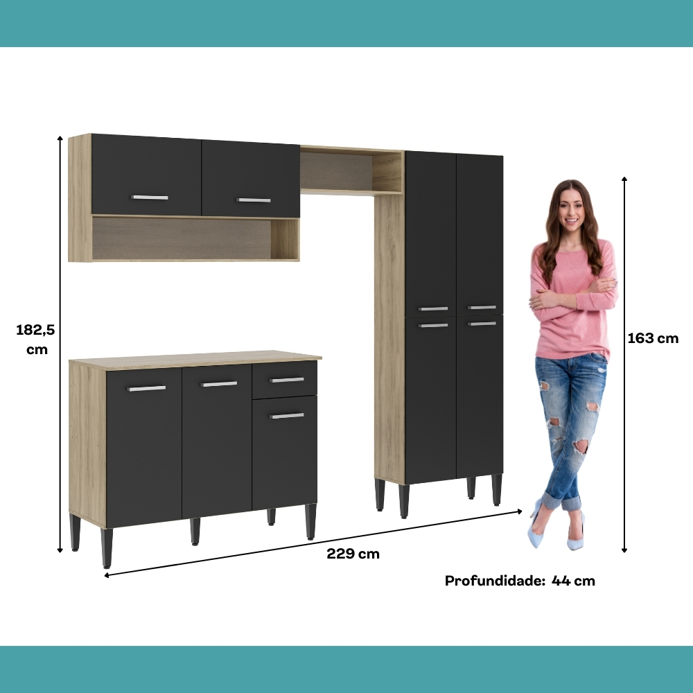 Cozinha Compacta Arizona Glam Carvalho com Preto Carraro
