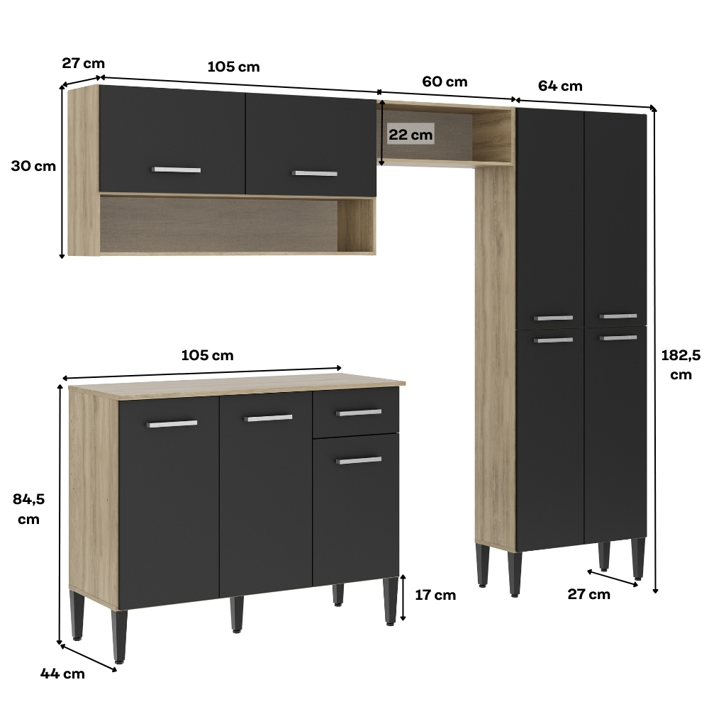 Cozinha Compacta Arizona Glam Carvalho com Preto Carraro