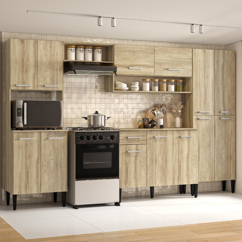 Cozinha Completa Arizona Plus com Armário e Balcão Carraro - Carvalho