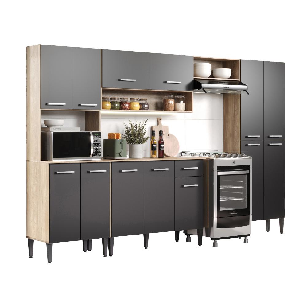 Cozinha Completa Arizona Plus com Armário e Balcão Carraro - Carvalho/Preto