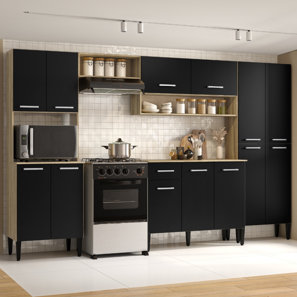 Cozinha Completa Arizona Plus com Armário e Balcão Carraro - Carvalho/Preto