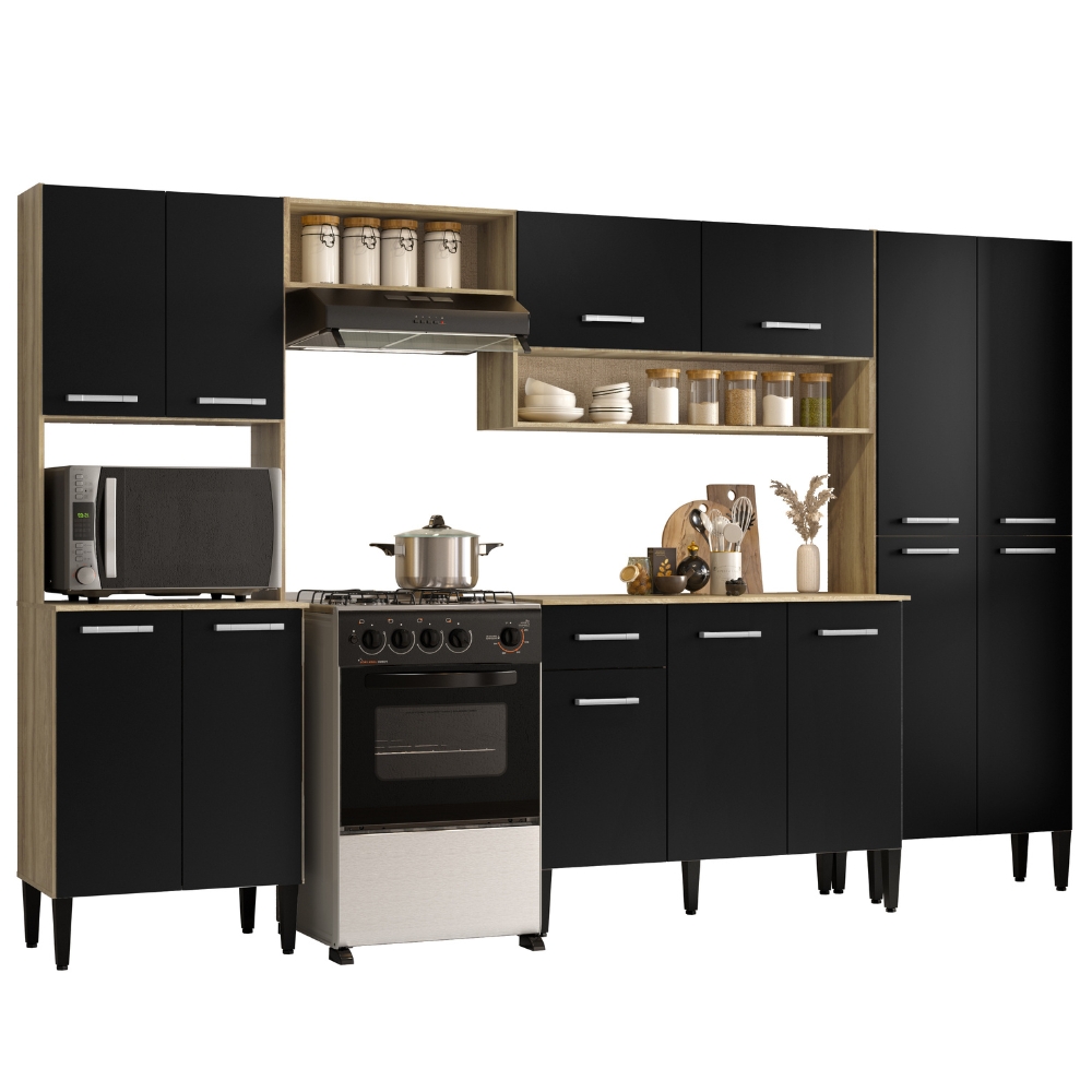 Cozinha Completa Arizona Plus com Armário e Balcão Carraro - Carvalho/Preto