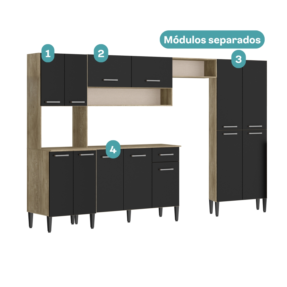 Cozinha Completa Arizona Plus com Armário e Balcão Carraro - Carvalho/Preto