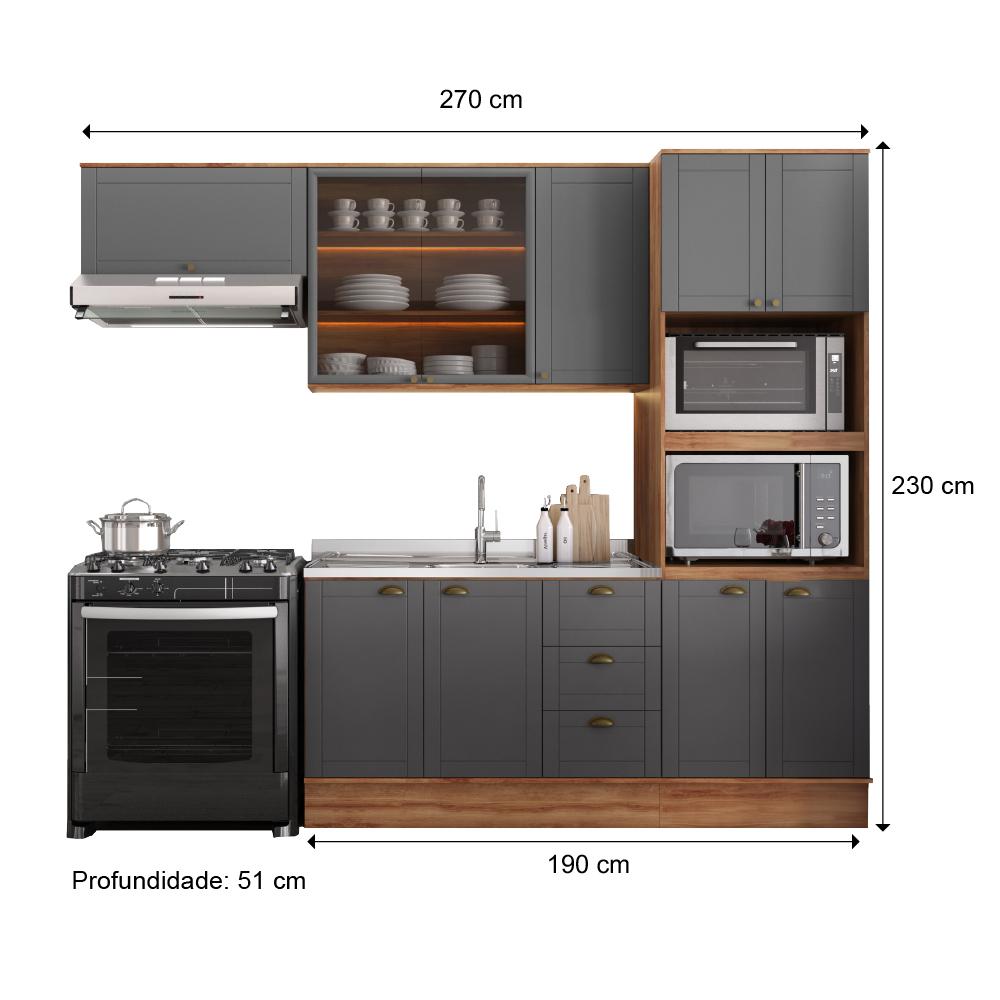Cozinha Completa Milla Plus Armário e Balcão Nog/Cinza Carraro
