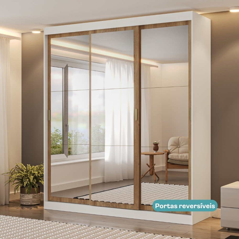 Guarda Roupa Casal 3 Portas 4 Gav Espelho Branco 1144 Carraro
