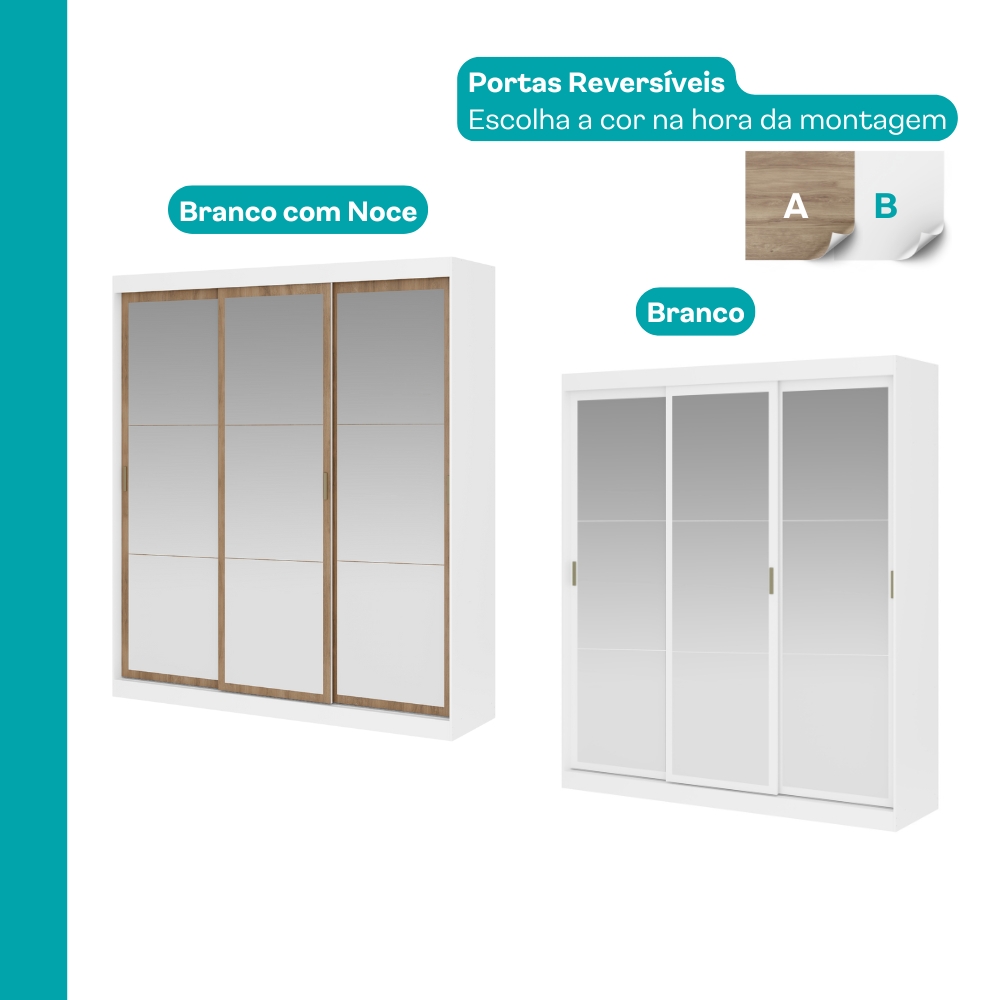 Guarda Roupa Casal 3 Portas 4 Gav Espelho Branco 1144 Carraro