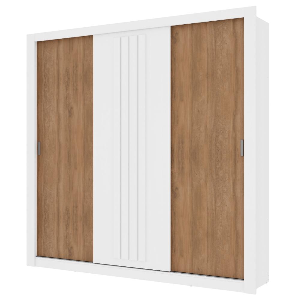 Guarda Roupa Casal 3 Portas Doha Carraro Ripado Branco com Freijó