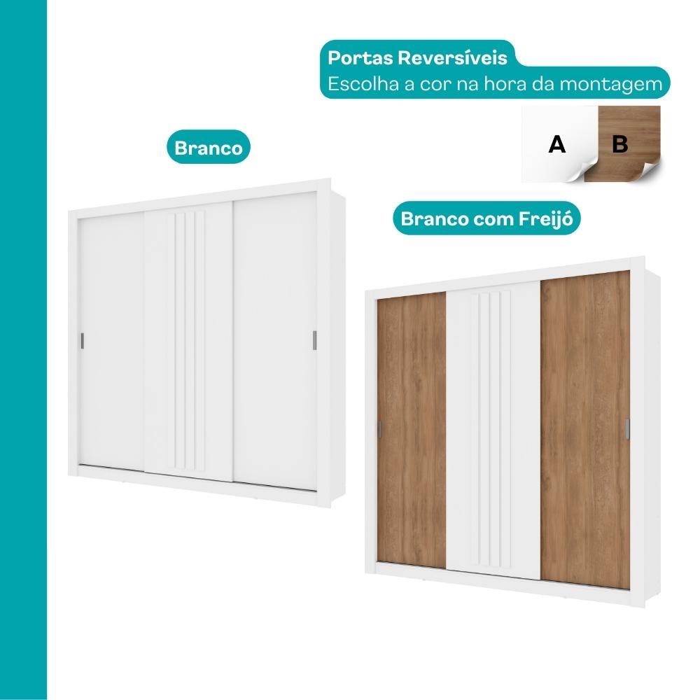 Guarda Roupa Casal 3 Portas Doha Carraro Ripado Branco com Freijó