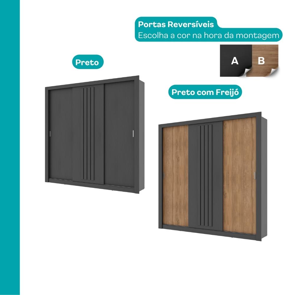 Guarda Roupa Casal 3 Portas Doha Carraro Ripado Preto Touch