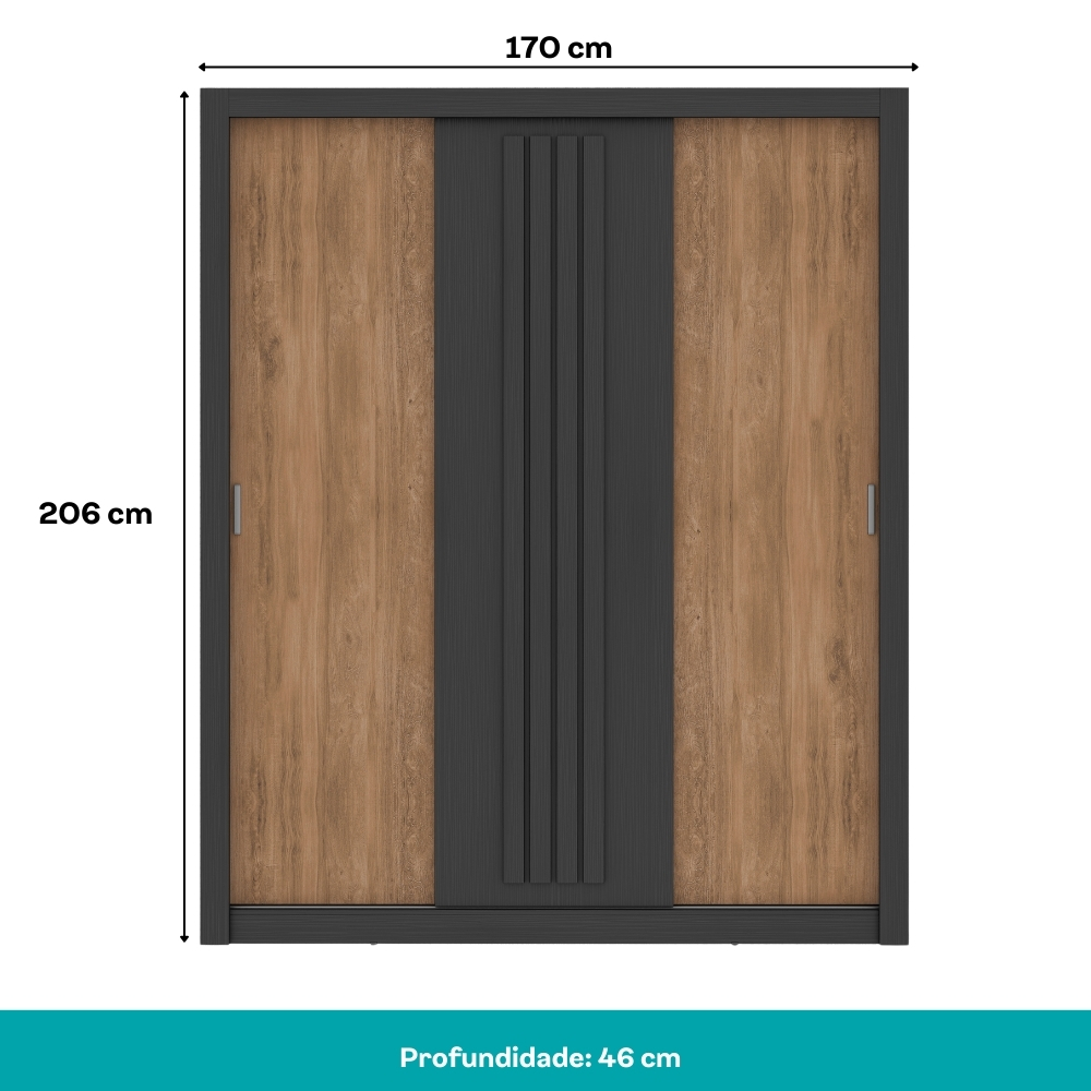 Guarda Roupa Casal 3 Portas Doha Carraro Ripado Preto Touch com Freijó