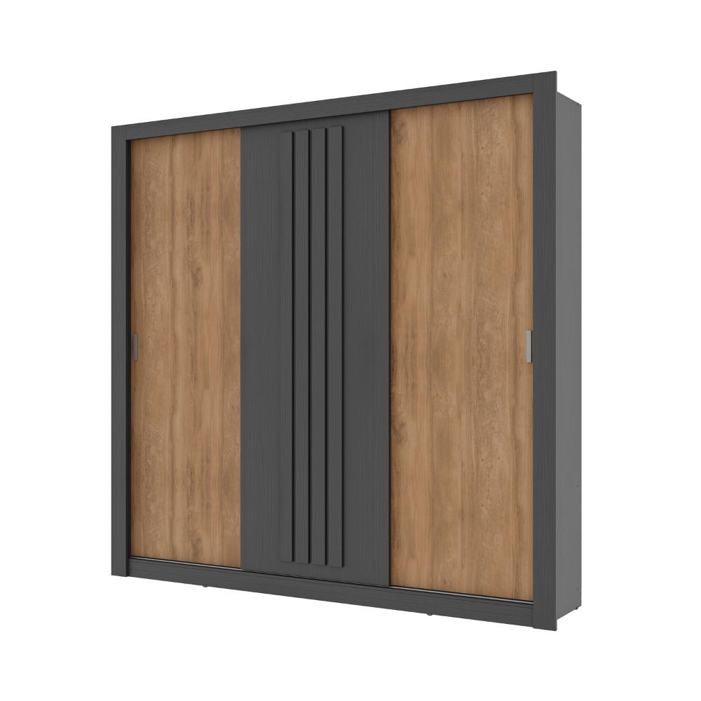 Guarda Roupa Casal 3 Portas Doha Carraro Ripado Preto Touch com Freijó