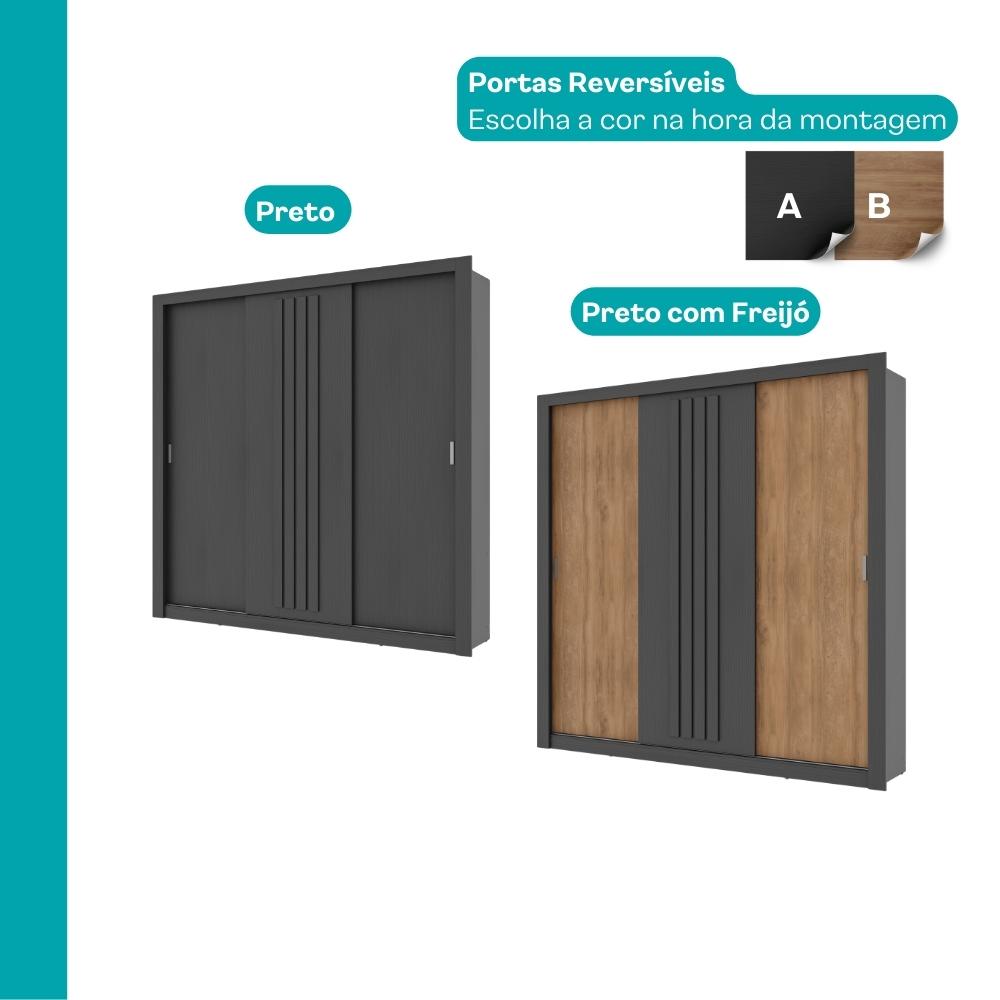 Guarda Roupa Casal 3 Portas Doha Carraro Ripado Preto Touch com Freijó