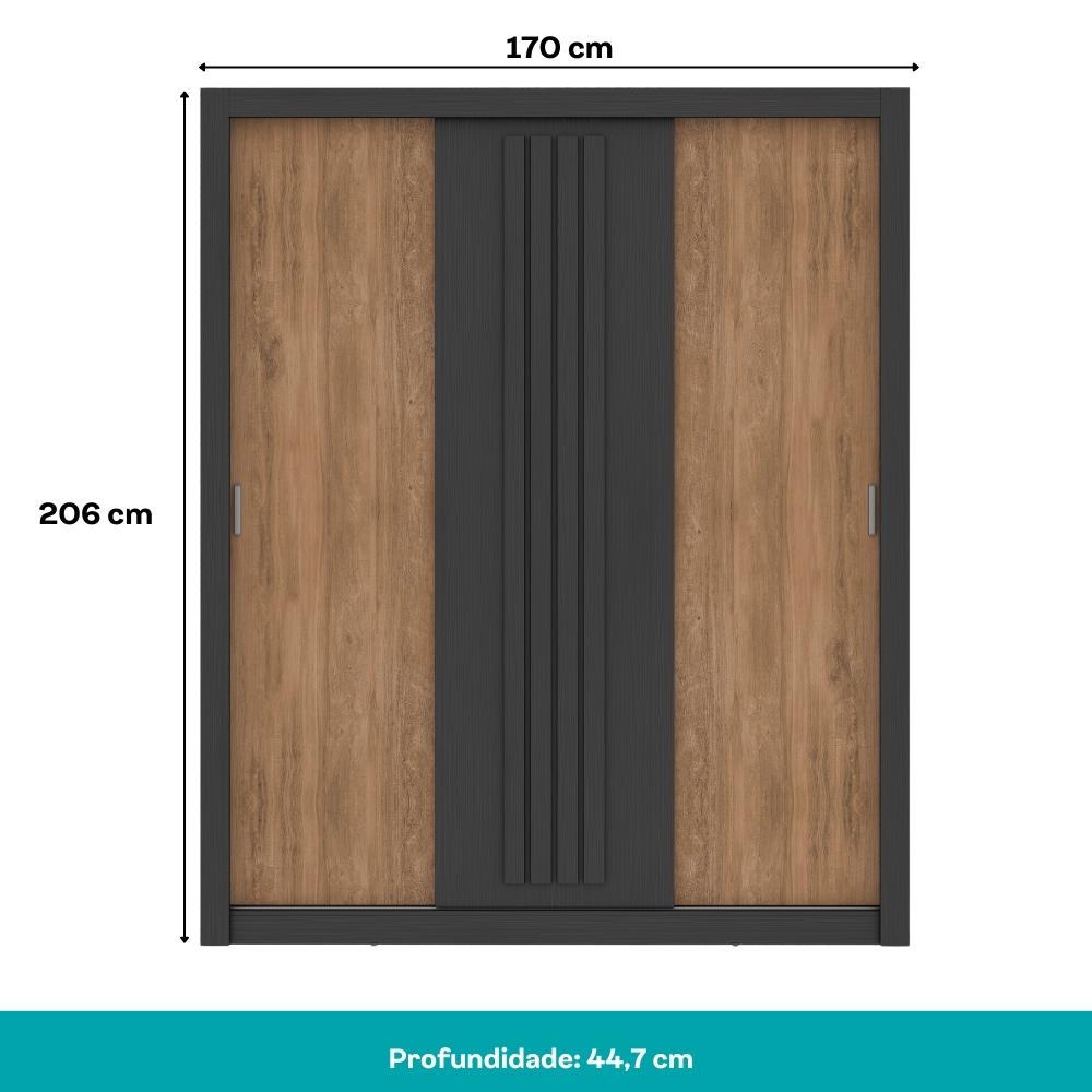 Guarda Roupa Casal 3 Portas Doha Carraro Ripado Preto Touch com Freijó