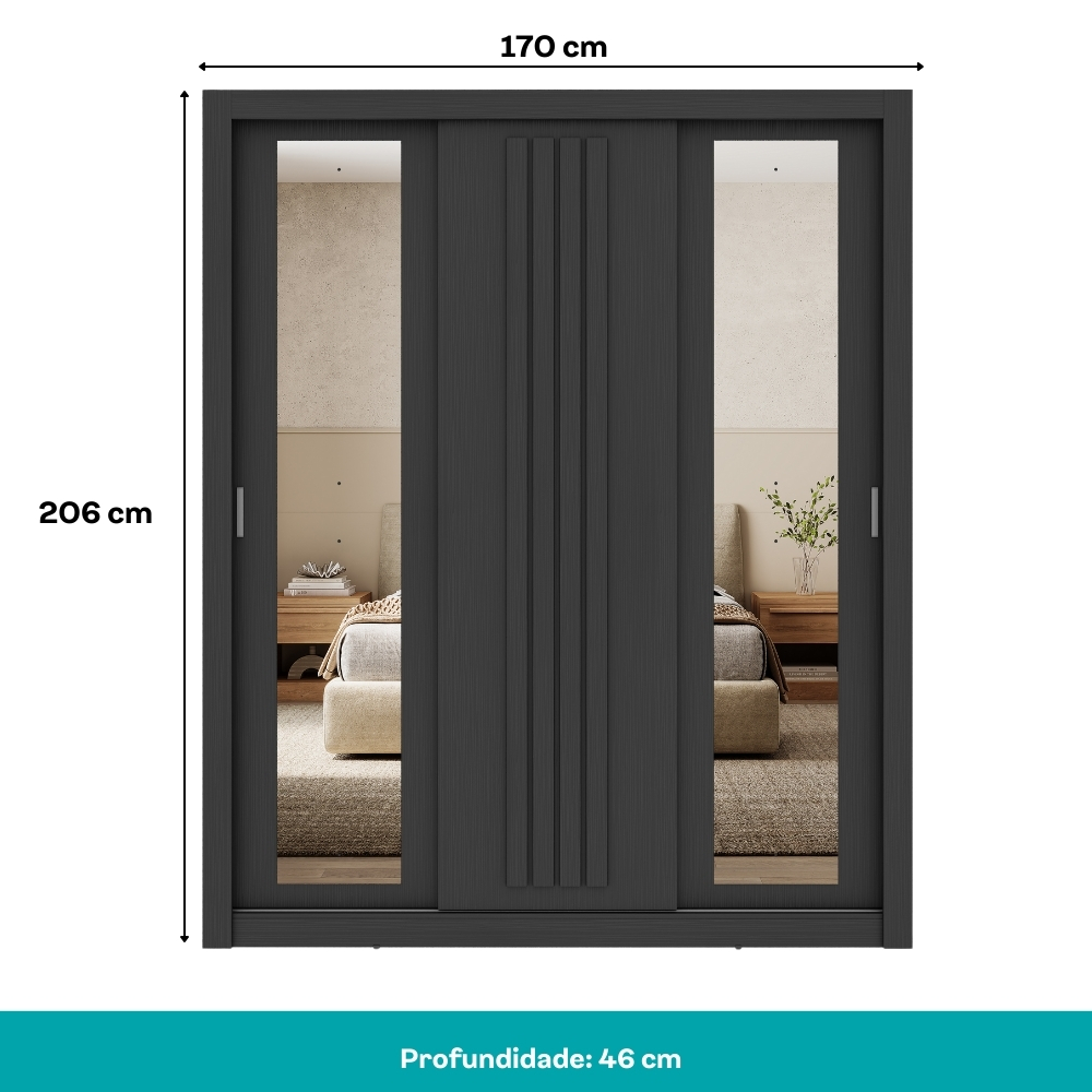 Guarda Roupa Casal 3 Portas Doha Duo Carraro Ripado Preto Touch