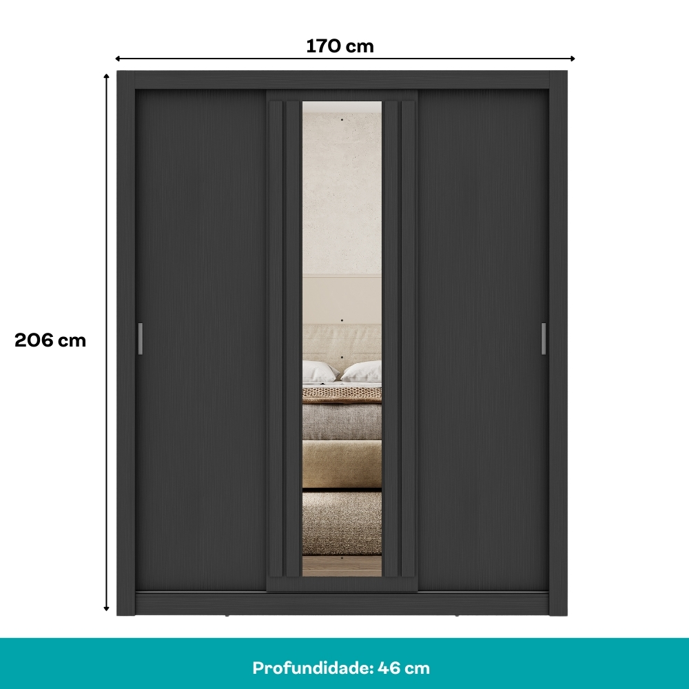 Guarda Roupa Casal 3 Portas Doha Lux Carraro Ripado Preto Touch