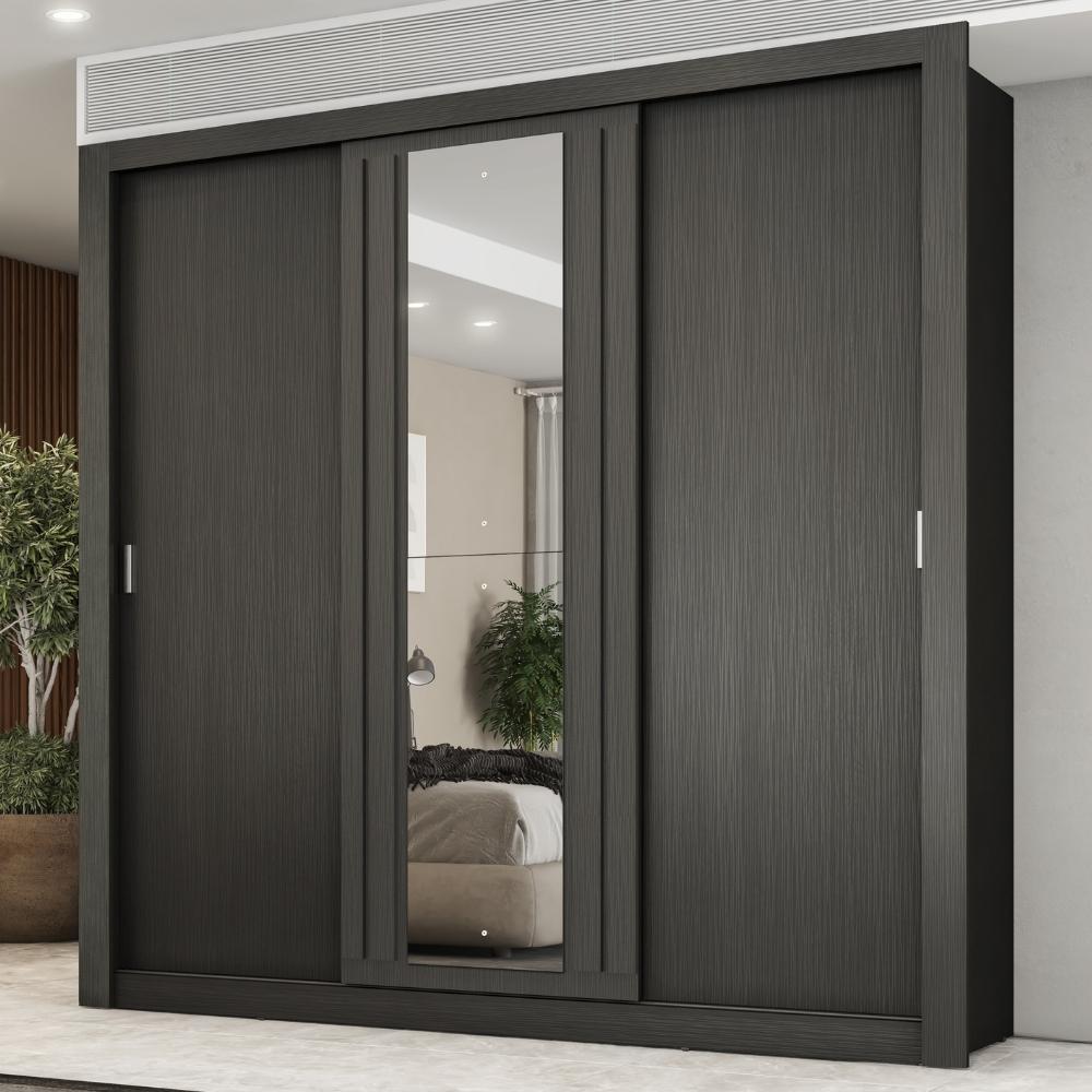 Guarda Roupa Casal 3 Portas Doha Lux Carraro Ripado Preto Touch