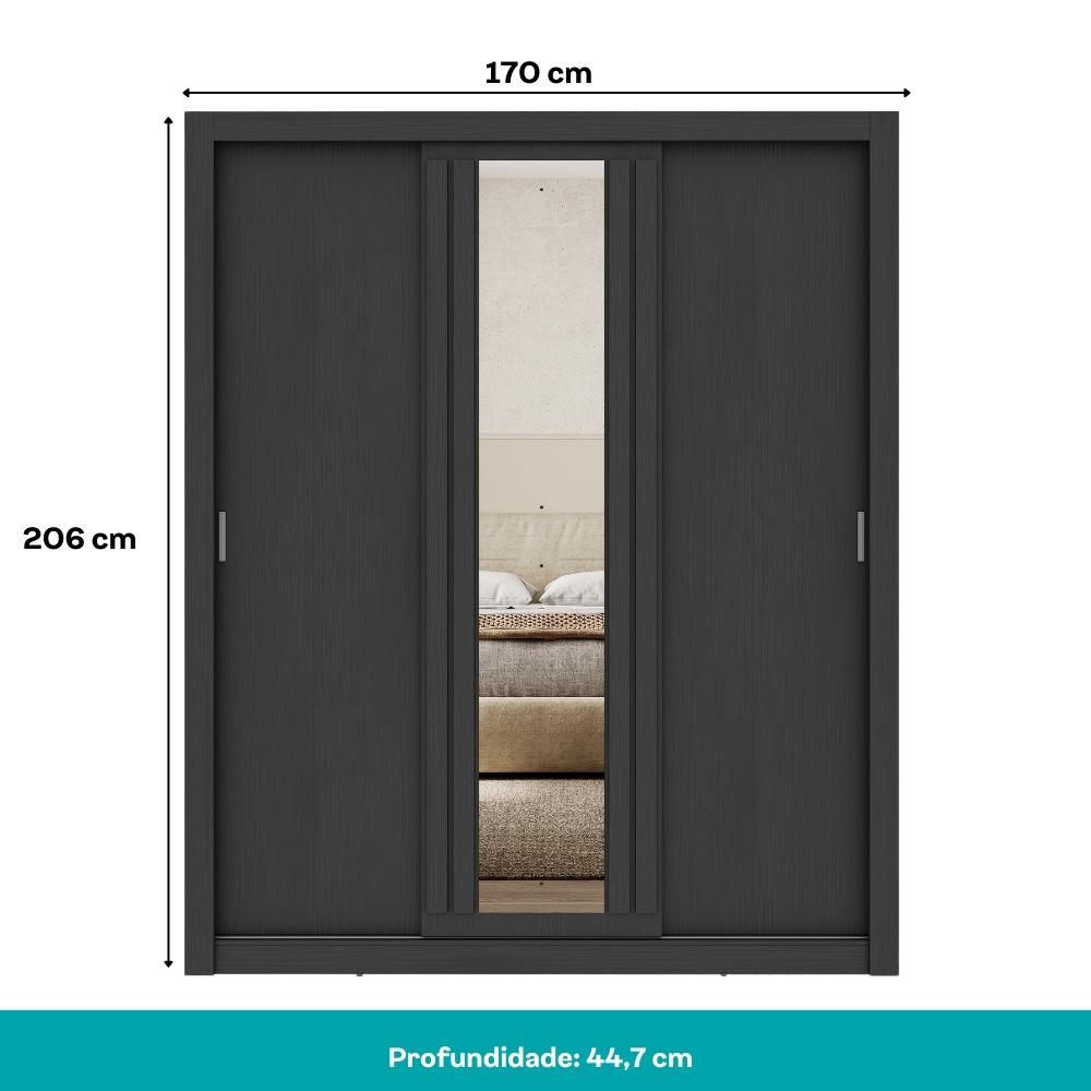 Guarda Roupa Casal 3 Portas Doha Lux Carraro Ripado Preto Touch