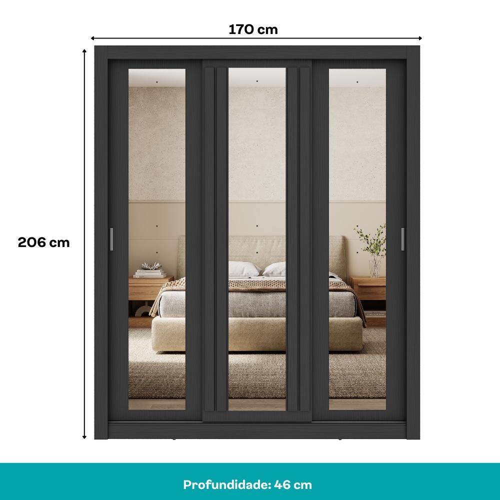Guarda Roupa Casal 3 Portas Doha Prime 2 Gavetas Carraro Ripado Preto Touch