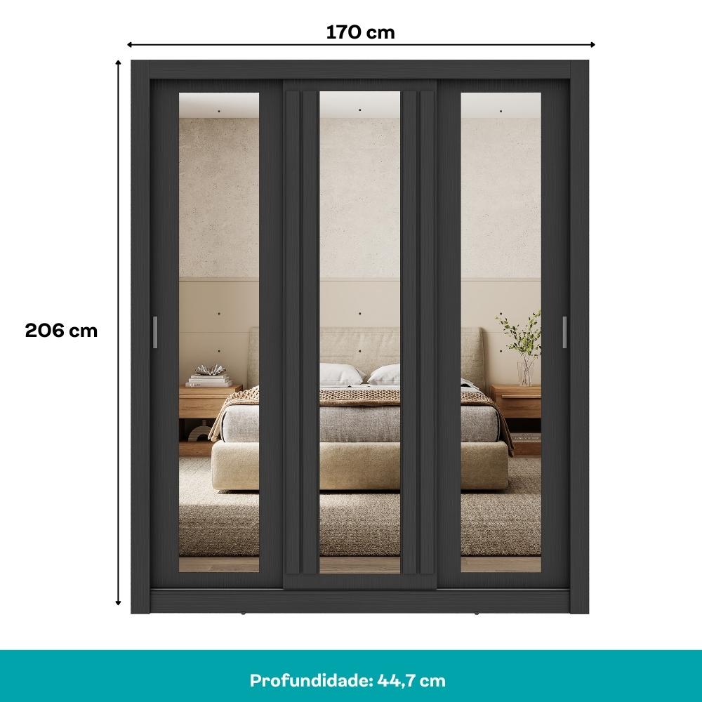 Guarda Roupa Casal 3 Portas Doha Prime Carraro Ripado Preto Touch