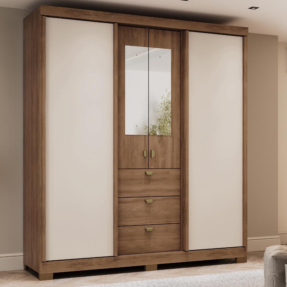 Guarda Roupa Casal 4 Ptas c/ Espelho Fit Carraro Freijó/OffW