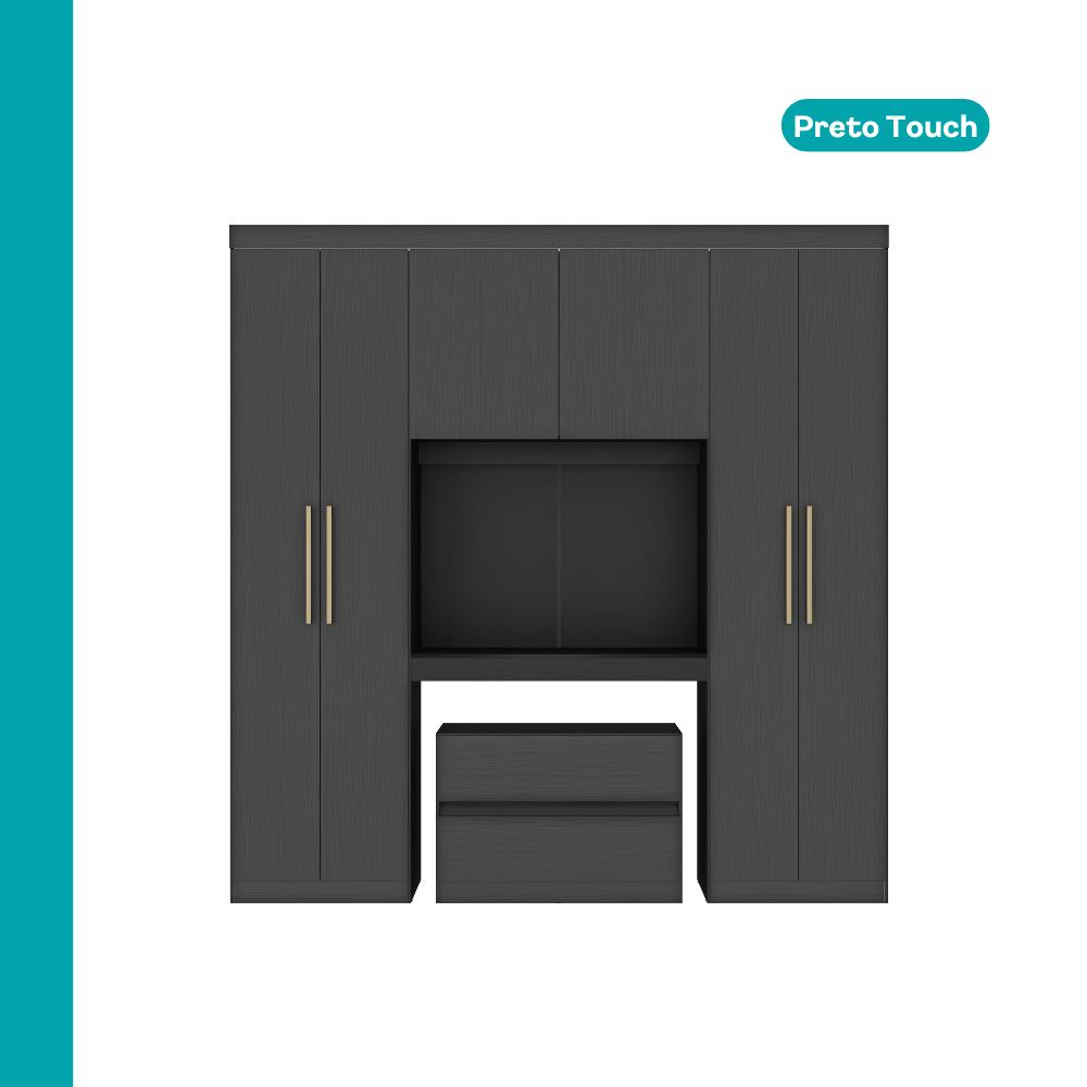 Guarda Roupa Casal 6 Portas 2 Gavetas Porto Preto com Painel de TV