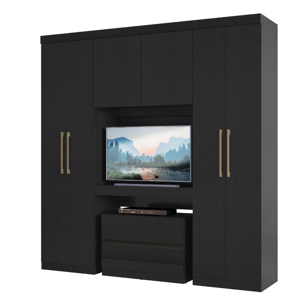 Guarda Roupa Infantil 6 Portas 2 Gavetas Porto Preto com Painel de TV