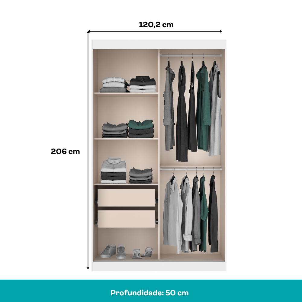 Guarda Roupa Solteiro 2 Portas 2 Gav Espelho Branco Carraro