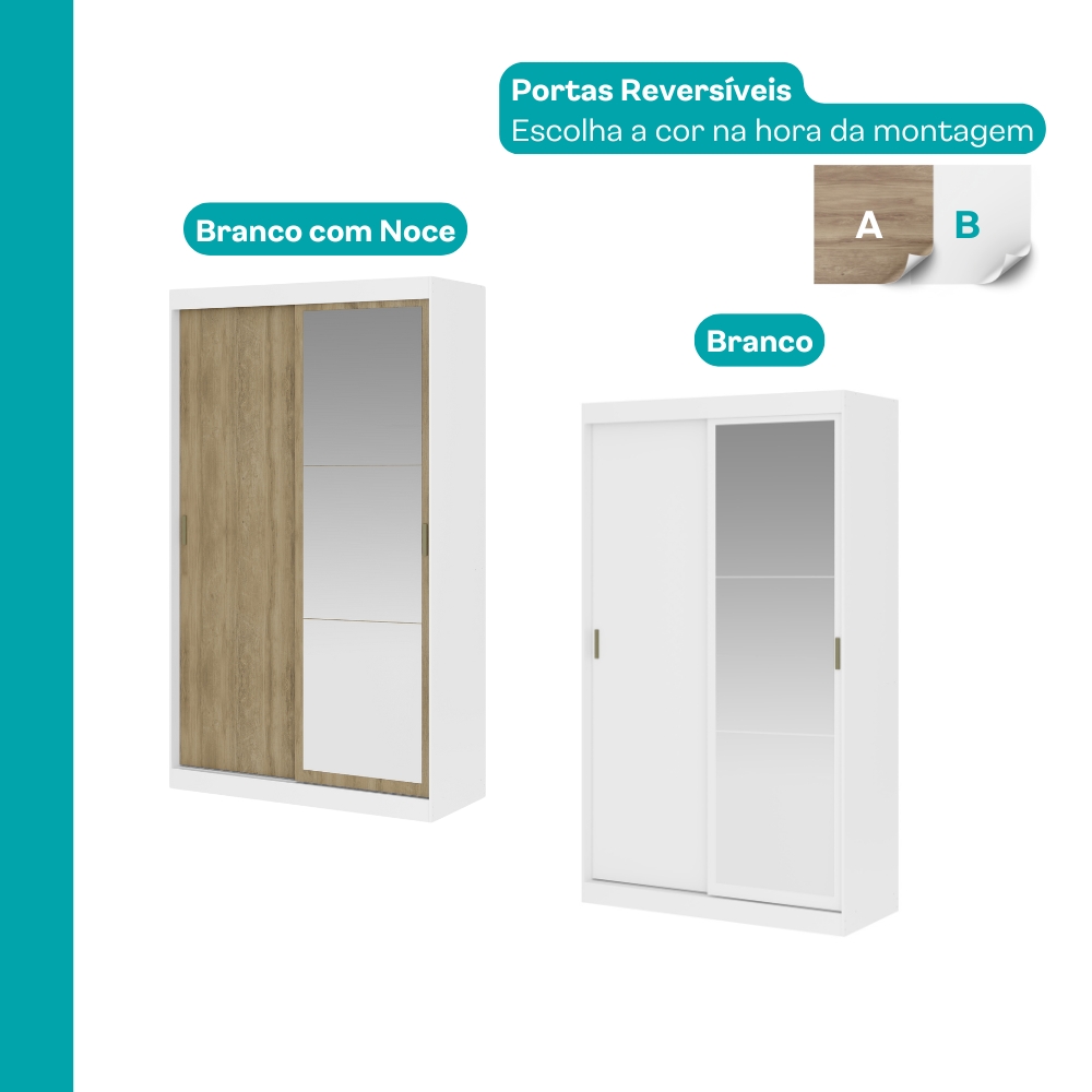 Guarda Roupa Solteiro 2 Portas 2 Gav Espelho Branco Carraro