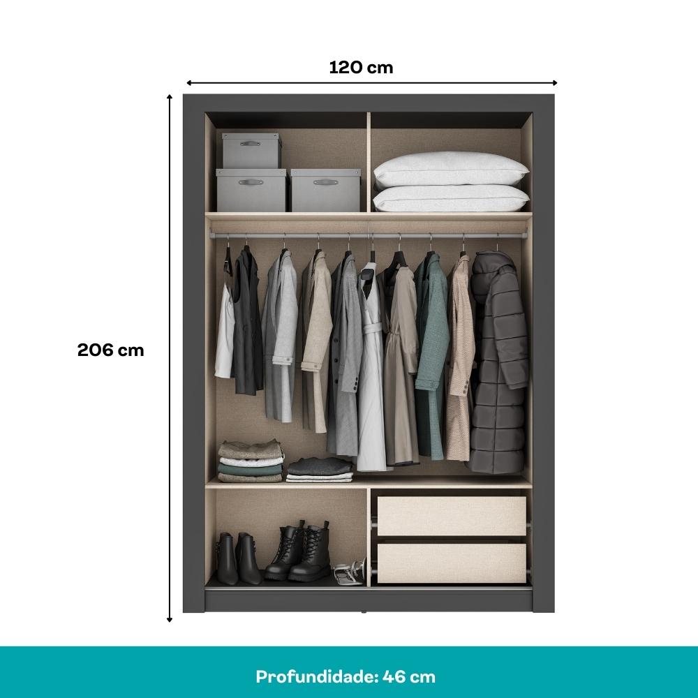 Guarda Roupa Solteiro 2 Portas Darvi 2 Gavetas Carraro Ripado Preto Touch