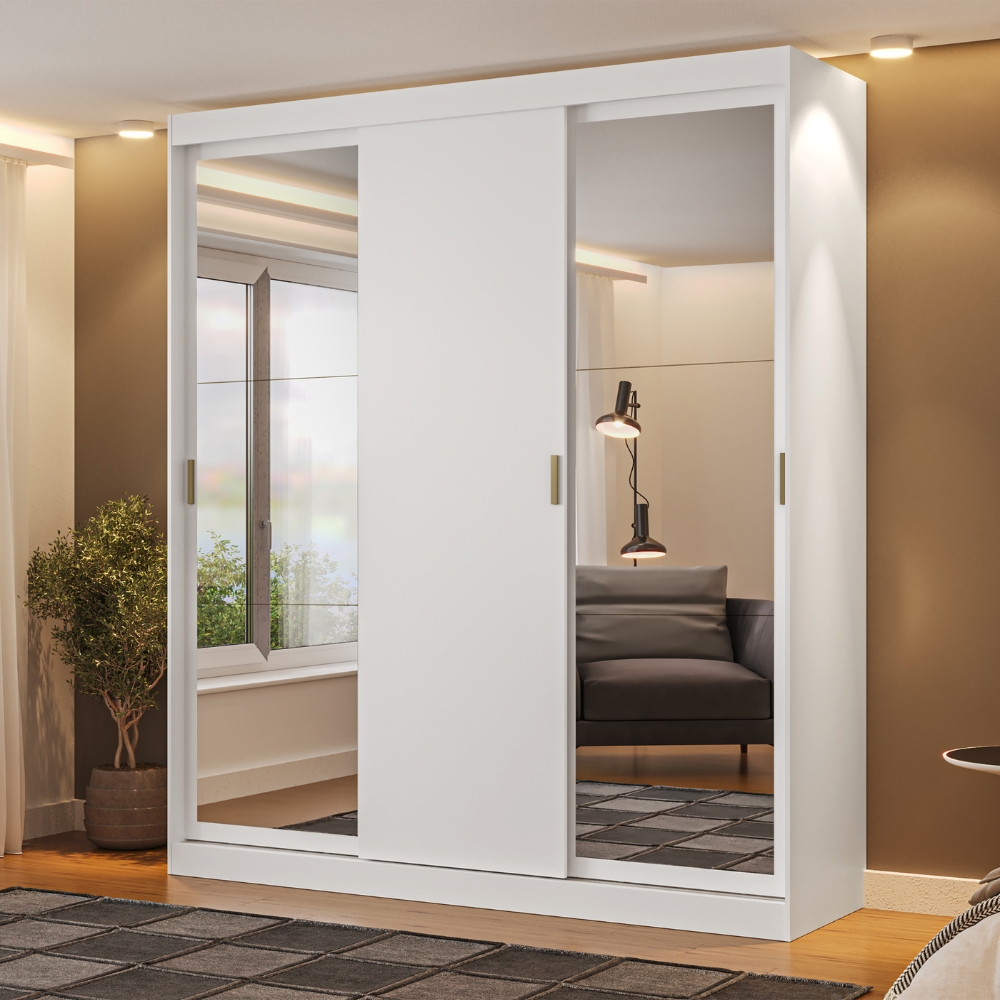 Guarda Roupa Solteiro 3 Portas 4 Gav 2 Espelhos Branco Marvin