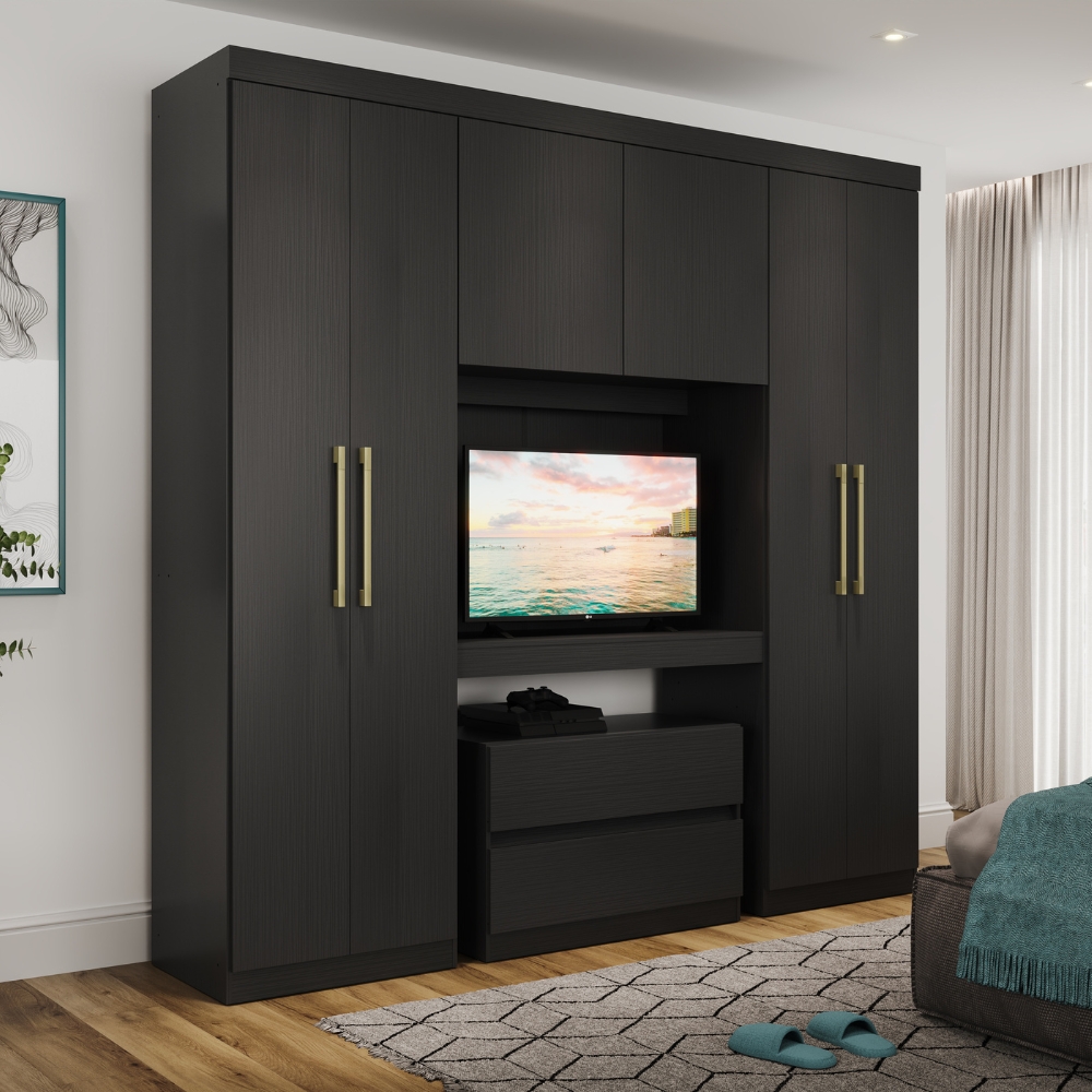 Guarda Roupa Solteiro 6 Portas 2 Gavetas Porto Carraro Preto