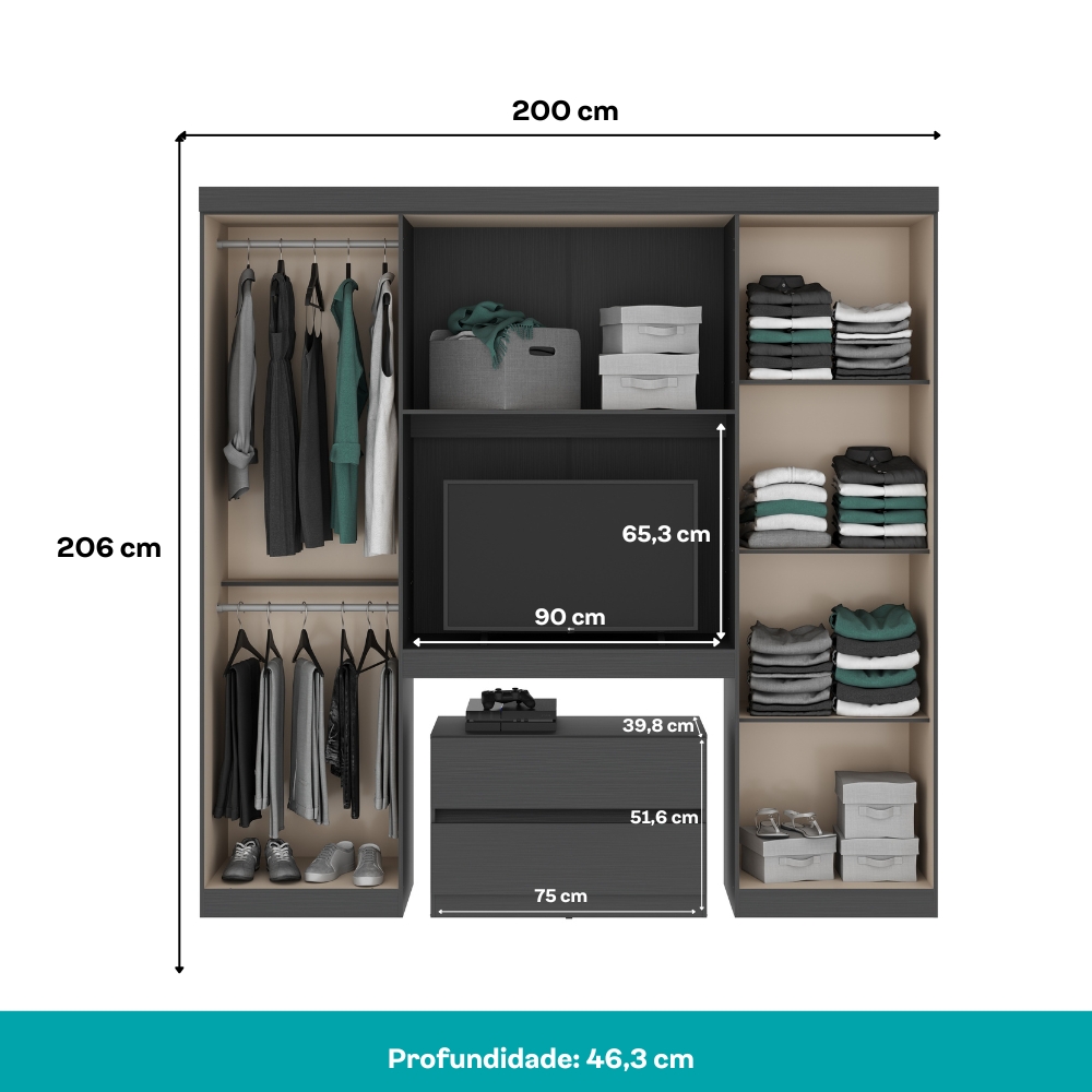 Guarda Roupa Solteiro 6 Portas 2 Gavetas Porto Carraro Preto