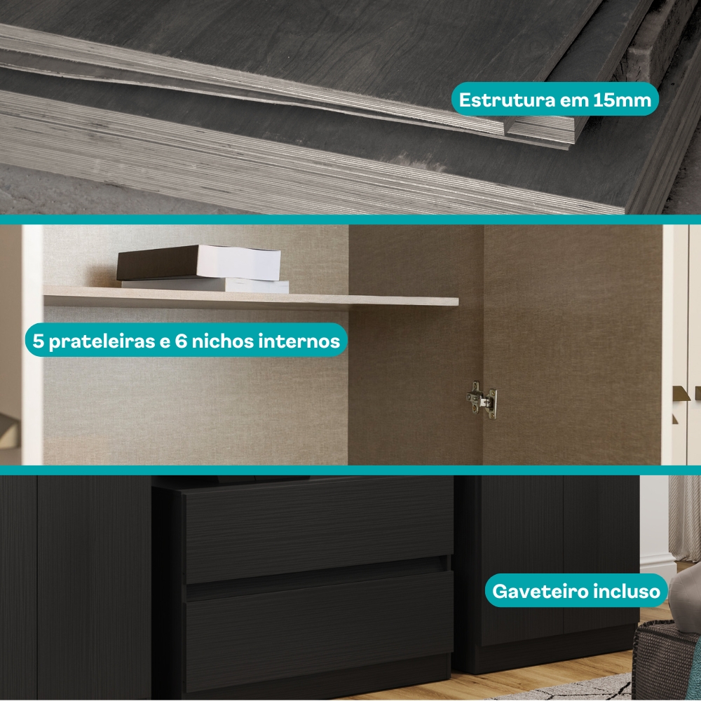 Guarda Roupa Solteiro 6 Portas 2 Gavetas Porto Carraro Preto