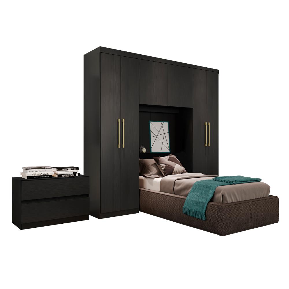 Guarda Roupa Solteiro 6 Portas 2 Gavetas Porto Preto com Cabeceira