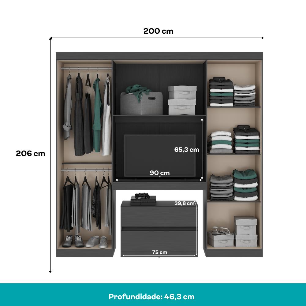 Guarda Roupa Solteiro 6 Portas 2 Gavetas Porto Preto com Cabeceira