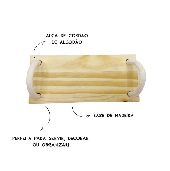 Bandeja de madeira pinus com corda