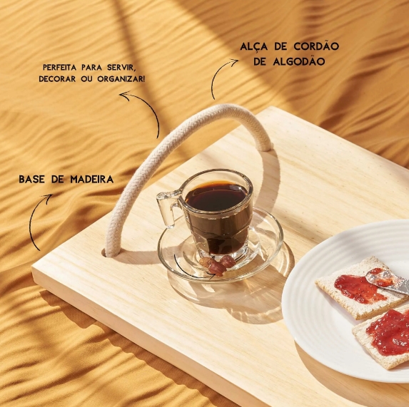 Bandeja de madeira pinus com corda