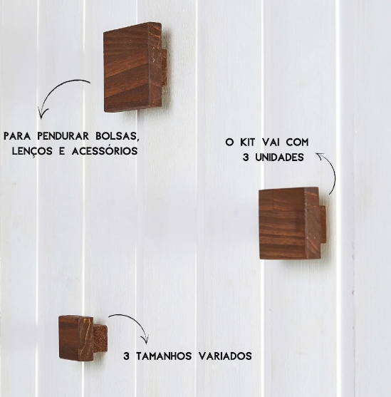 Cabideiro de madeira imbuia - kit com 3 unidades