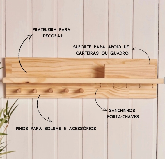 Cabideiro organizador de entrada com porta chaves e prateleira