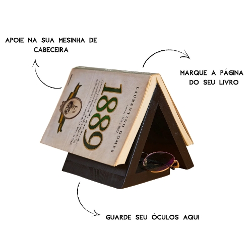 Suporte para livro e óculos de madeira preto