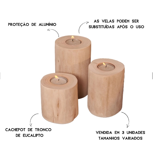 Trio de velas decorativas de tronco de eucalipto