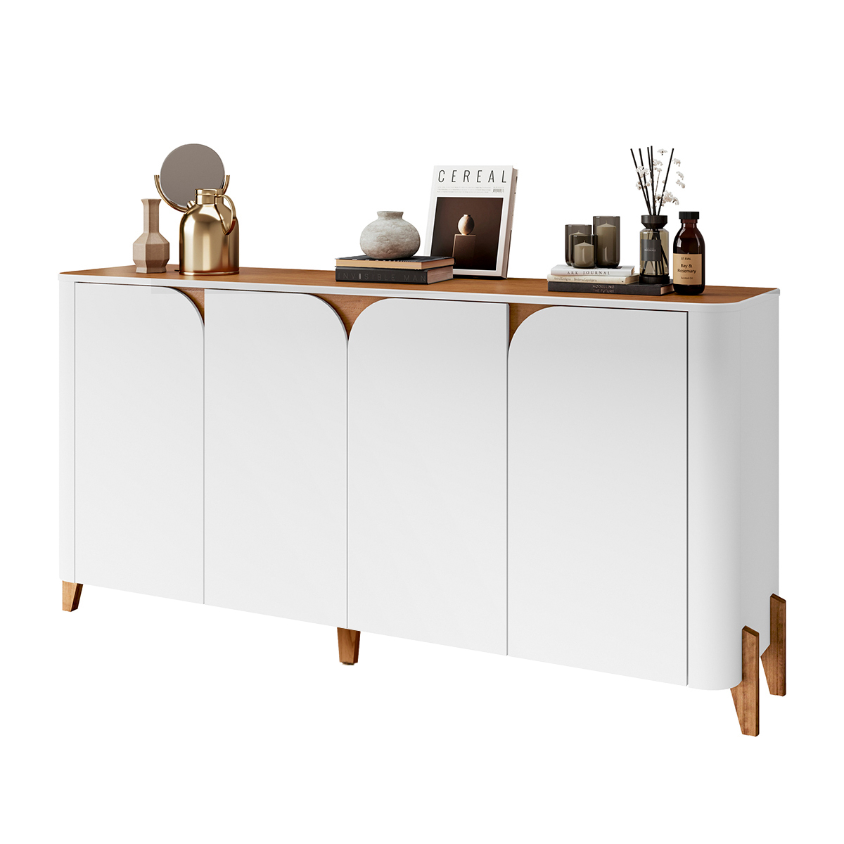 Aparador Buffet Sala Memphis com Pés de Madeira Maciça Branco/Cedro
