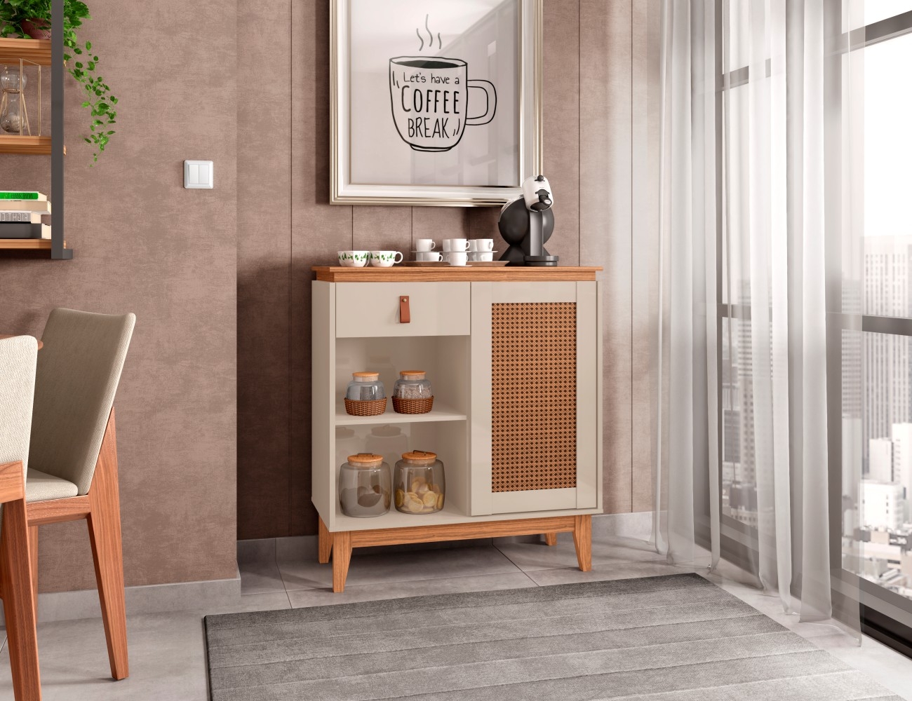 Bancada Aparador Café Livia Pintura Palha Off White Noce