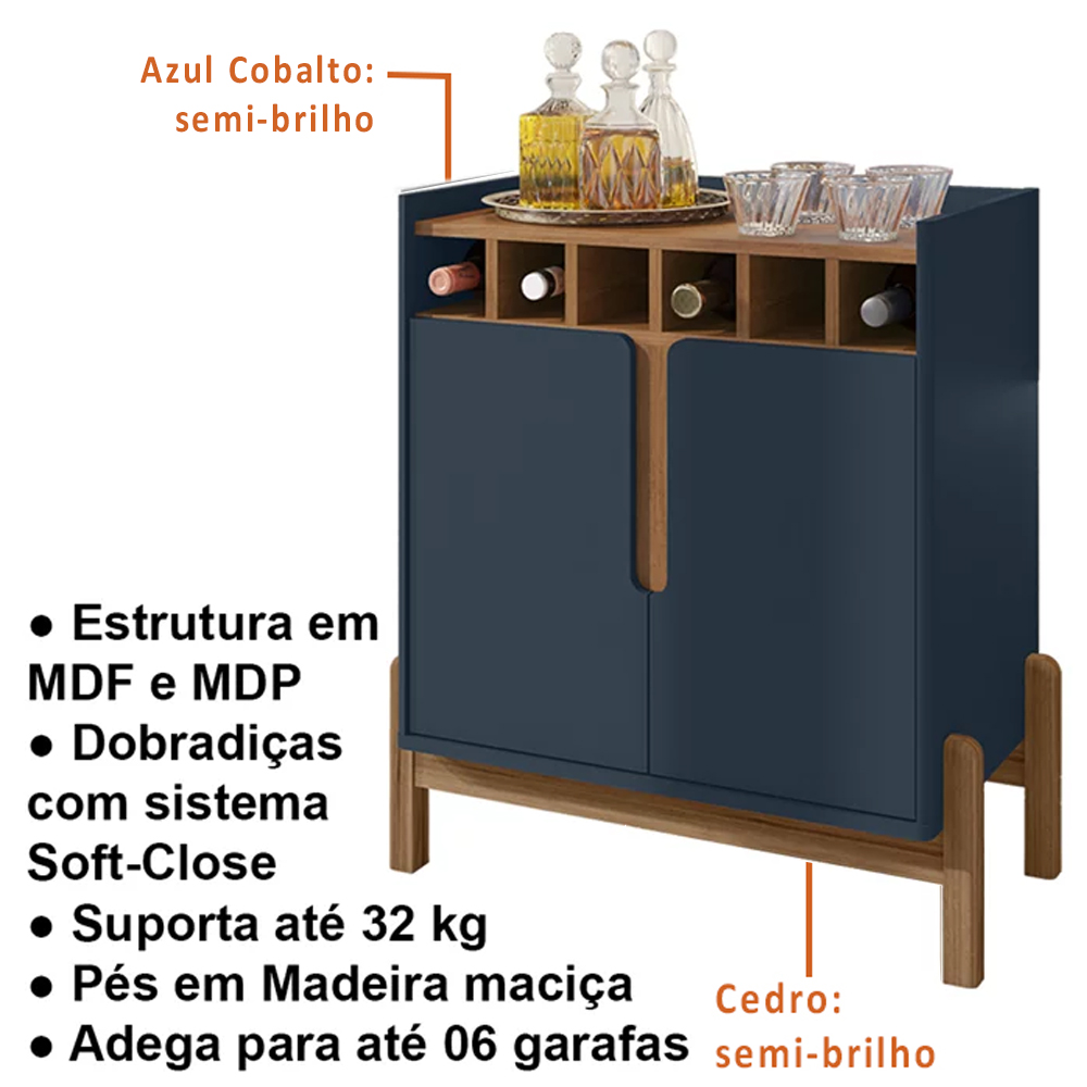 Barzinho 2 Portas 50522 E Cristaleira Para Sala 50519 Azul Cobalto Cedro DCASA
