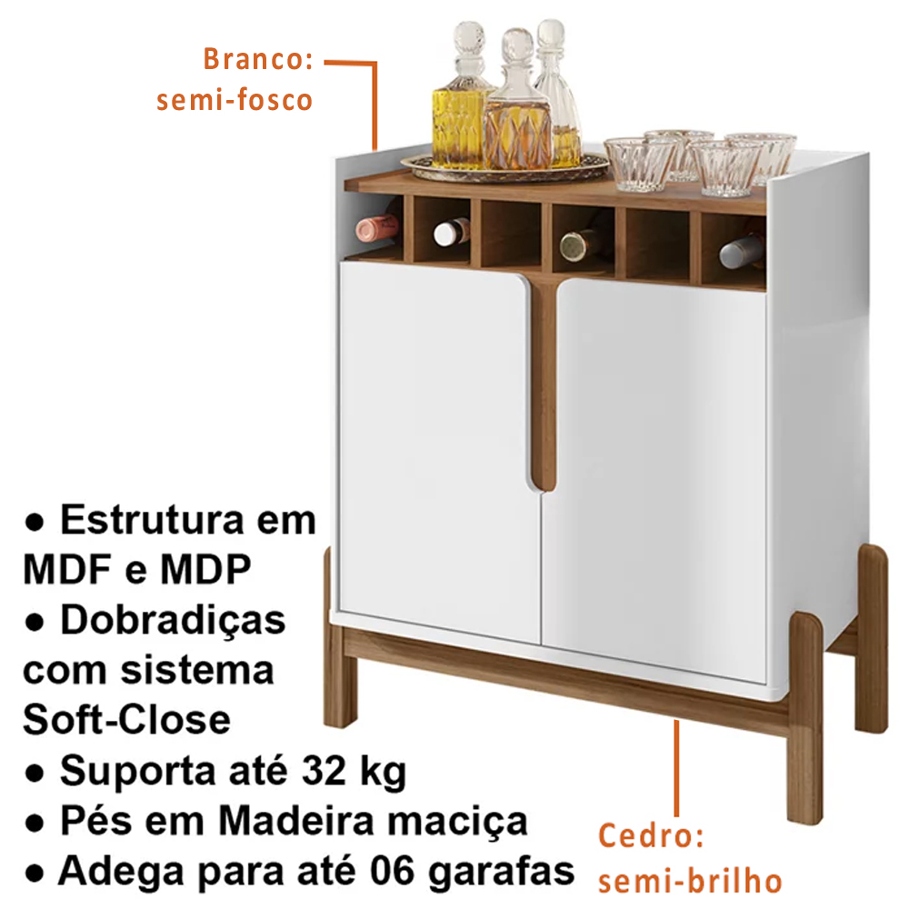 Barzinho Com 2 Portas e Adega Para Sala de Jantar 50522 Branco Cedro DCASA